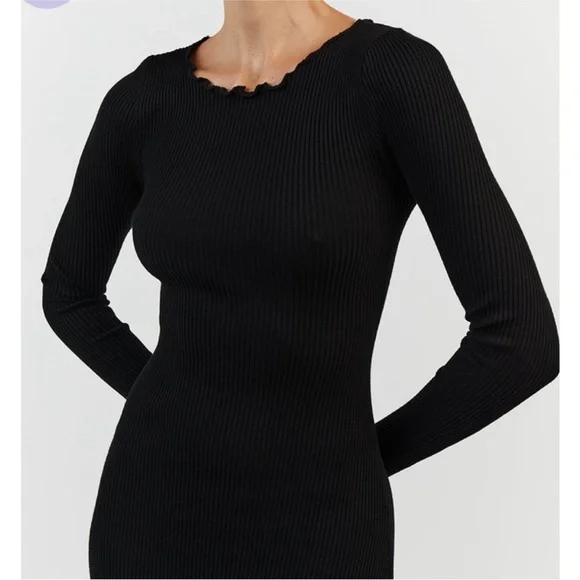 DISSH Sophia Ribbed Knit Long Sleeve Midi Dress Black Scalloped Medium - Picture 2 of 5